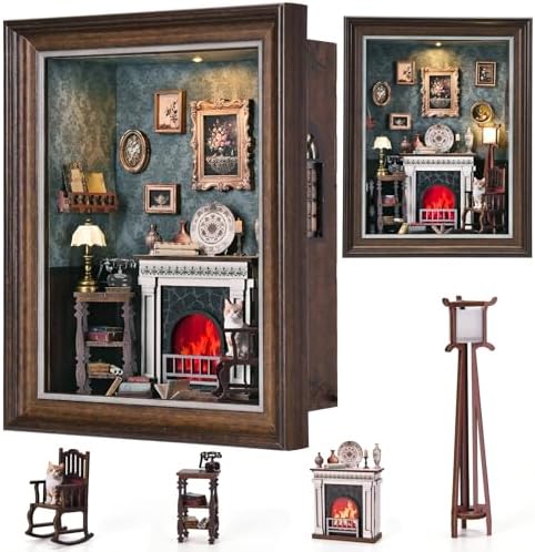 Book Nook Kit - 3D Wooden Puzzle with LED Switch Control & Wall-Mountable Frame,DIY Miniature House for Beginners,Bookshelf/Tabletop/Wall Decor for Craft Lovers,Dollhouse Gift,Fireplace - Image 2