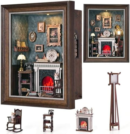 Book Nook Kit - 3D Wooden Puzzle with LED Switch Control & Wall-Mountable Frame,DIY Miniature House for Beginners,Bookshelf/Tabletop/Wall Decor for Craft Lovers,Dollhouse Gift,Fireplace - Image 2