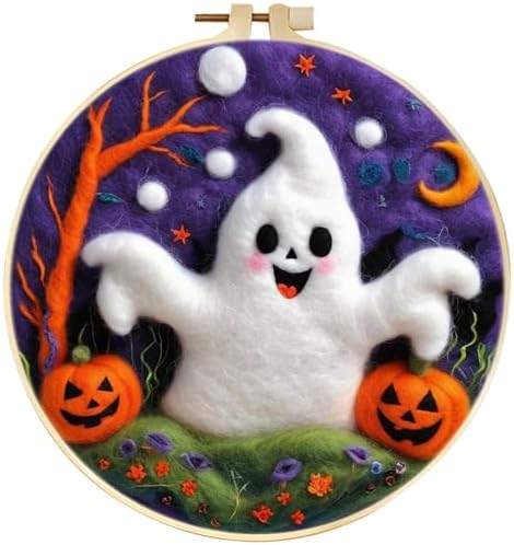 yesJRL Halloween Needle Felting Kit, White Boo Ghost Pattern DIY Wool Felt Craft Kit, Embroidery Set for Beginners and Adults, Handmade Home Decor by yesJRL