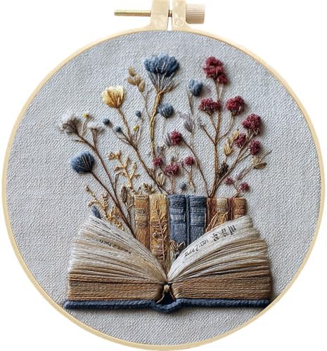 FONNUY Embroidery Kit for Beginners, Flower Book Pre-Stamped Pattern Kits for Adults with Hoop, Cross Stitch Easy to Follow Color Thread Needlework, 8'' Hoop (Blue) by FONNUY