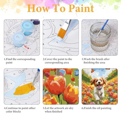 Paint by Numbers Kit for Adults, Happy Puppy & Tulip Design, 16x20 Inch - Image 4