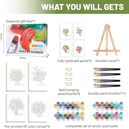4 Pack Framed Paint by Numbers Kit for Adults Beginner with Wooden Easel, Flowers Vase Easy Paint by Numbers with Frame, DIY Adult Paint by Numbers Kits on Canvas Framed for Home Decor Gift 8x12 Inch - Image 4