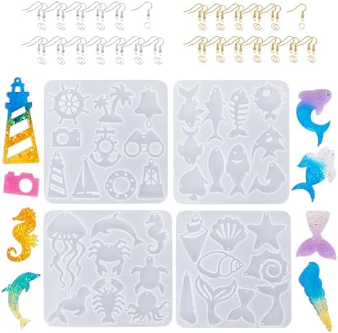 4 PCS Resin Molds Earring Jewelry Casting Silicone Molds, Marine Style Resin Earring Molds Silicone with Ear Hooks, Jump Rings for DIY Earrings, Pendant Craft Supplies, Resin Jewelry by Attuslla