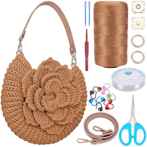 FREEBLOSS Flower Crochet Bag Kit for Beginners Complete Starter Set with Step-By-Step Video Tutorials Crochet Tote Bag Set Knitting Kit Adult Crafts Projects, Champagne by FreeandCreativeCraftsArt