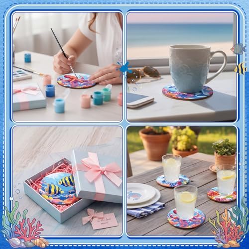 Reallnaive 8 Pcs Ocean Paint by Numbers Kit for Adults Wood Coastal Coaster - Image 5