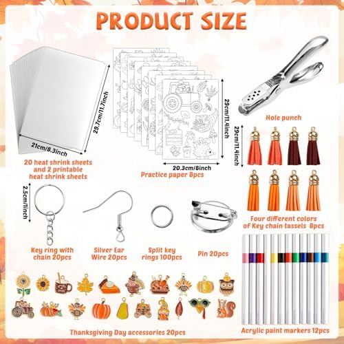 231Pcs Fall Thanksgiving Heat Shrink Plastic Sheet Kit Includes Shrinking Film Art Paper, Hole Punch, Keychains, Jump Rings, Tassels, DIY Heat Shrink Art Kit for Adults Creative Craft Marking - Image 2