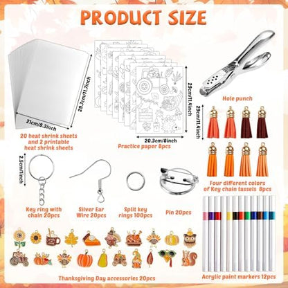 231Pcs Fall Thanksgiving Heat Shrink Plastic Sheet Kit Includes Shrinking Film Art Paper, Hole Punch, Keychains, Jump Rings, Tassels, DIY Heat Shrink Art Kit for Adults Creative Craft Marking - Image 2