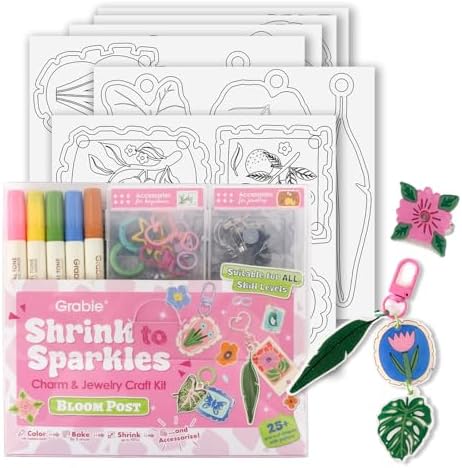 Grabie Shrink Art Craft Kit of 25+ Shapes, Markers & Charms, Bloom Post by Grabie