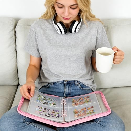 5-in-1 Sticker Organizer Book Reusable A5 Storage Binder with 220 Pockets,10 Release Papers, Zipper Album Sticker Collecting Display Keeper (Pink) - Image 4