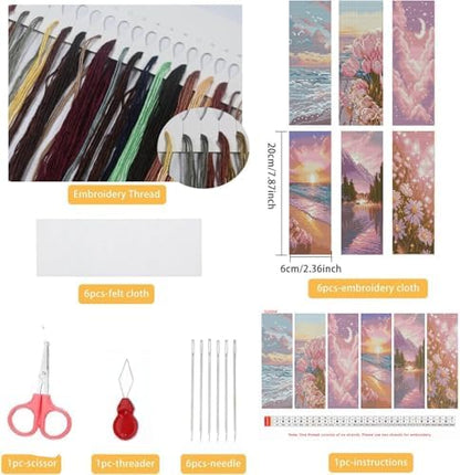 6PC Pink Beach Stamping Cross Stitch Kit for Adult Beginners,Scenery Counting Cross Stitch Kit Bookmarks Stamped Bookmark Embroidery Kit with Instructions Full Line DIY CrossStitch Patterns 8''x2.4'' - Image 2