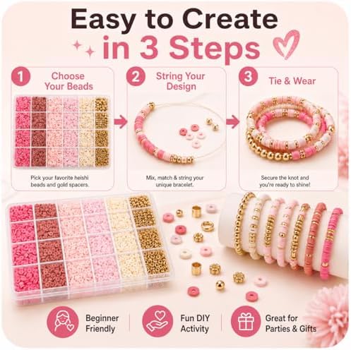 Believo Polymer Clay Beads Kit for DIY Jewelry with Elastic Cord, Colorful Flat Heishi Beads and Spacer Pieces – Ideal for Friendship Bracelet & Necklace Making (Pink) - Image 5