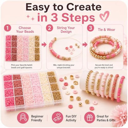 Believo Polymer Clay Beads Kit for DIY Jewelry with Elastic Cord, Colorful Flat Heishi Beads and Spacer Pieces – Ideal for Friendship Bracelet & Necklace Making (Pink) - Image 5