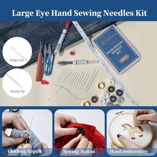 SkySewing 98PCS Large Eye Hand Sewing Needles Kit with Metal Box, Mini Sewing Kit with Threaders, Thimbles, Seam Ripper, Portable Sewing Repair Kit for Adults Beginner Travel Clothing Repair Home Use - Image 4