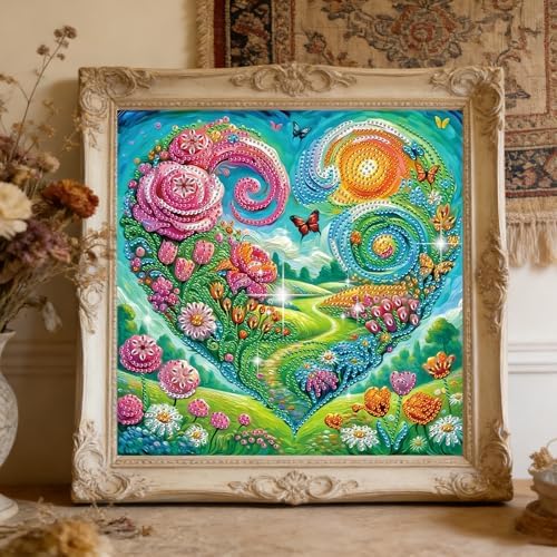 jinglinhh Heart Scenery Butterfly Rose Daisy Flowers Special Shaped DIY Diamond Art Painting Kit for Adults Beginners, Partial Drill Crystal Rhinestone Gem Art Craft Home Wall Decor 30x30cm - Image 5