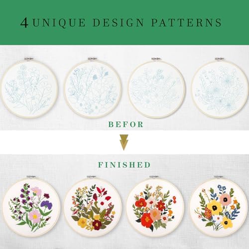SevFan 4 Sets Embroidery Kit for Beginners Adults,Needlepoint Kits for Adults with Easy Stamped Floral Pattern Fabric Hand Crafts,Bamboo Hoop,Needle,Cloth,Embroidery Kit for Decor Home Room (flower-3) - Image 3