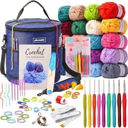 Piccassio Crochet Kit for Beginners – Complete Starter Set for Adults & Teens with 20 Yarn Colors, Hooks, Book & Organizer Bag – Learn to Make Amigurumi, Plushies & Handmade Gifts by PiccassioArtsCrafts
