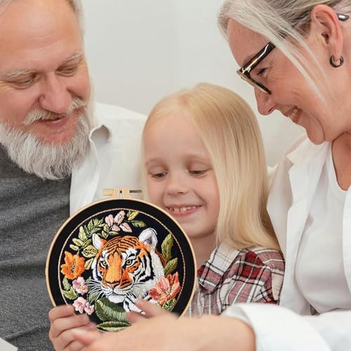 FONNUY Tiger Floral Embroidery Kit, Cross Stitch Kits for Beginners, Handmade Crafts with Printed Patterns for Beginner Adults, Easy to Follow Color Thread Needlework, 8'' Hoop - Image 5