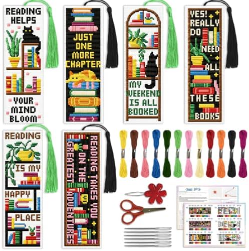 ACRNIGHEET 6PCS Cross Stitch Bookmark Kit for Beginner Stamped Cross Stitch Kits for Adults Bookshelves DIY Tassel Embroidery Bookmark Kits Needlepoint Kit with Instructions Craft Gift 8.5''x3'' 11CT by ACRNIGHEET