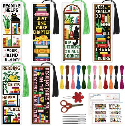ACRNIGHEET 6PCS Cross Stitch Bookmark Kit for Beginner Stamped Cross Stitch Kits for Adults Bookshelves DIY Tassel Embroidery Bookmark Kits Needlepoint Kit with Instructions Craft Gift 8.5''x3'' 11CT by ACRNIGHEET