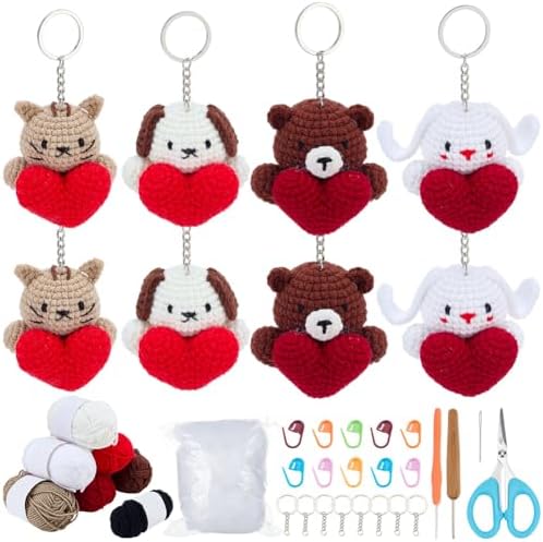 ACRNIGHEET Crochet Kit for Beginners 8 Pcs Loving Animals Keychain Crochet Kit Kinitting Kits for Beginners Adults Amigurumi Keychain Crafts for Bag Ornament Valentine's Day Gifts by ACRNIGHEET