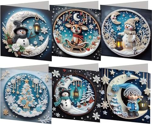 jinglinhh 6pcs Christmas Moon Snowflakes Snowman Elk Diamond Art Painting Greeting Cards with Envelopes, DIY Card Making Kits for Adults, Diamond Art Postcards Christmas Cards Craft Gifts by Unknown