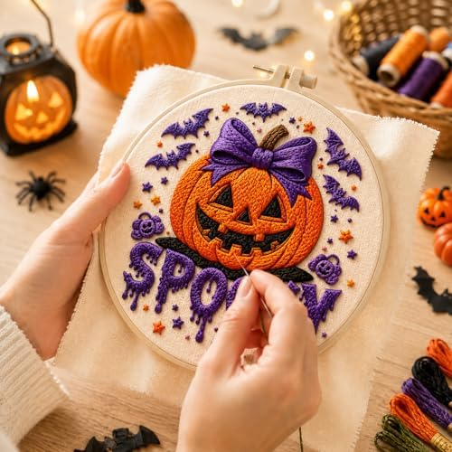 DIYDeligths Halloween Embroidery Kit for Beginners Adults Hand Needlepoint Craft Complete Featuring Pre Printed Pattern 7.87in Hoop Needles Threads and Guide for Craft Lovers (Pumpkin) - Image 6