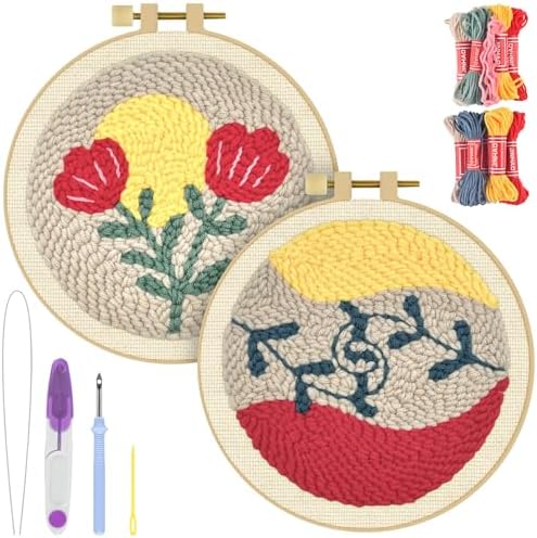 ERKOON Punch Needle Kit Adults Beginners, 2 Pcs DIY Easy Floral Embroidery Set for Starter Art Craft, Needling Punching Project with Patterns, Tools, Yarns, Hoop, Instruction (Rose) by ERKOON
