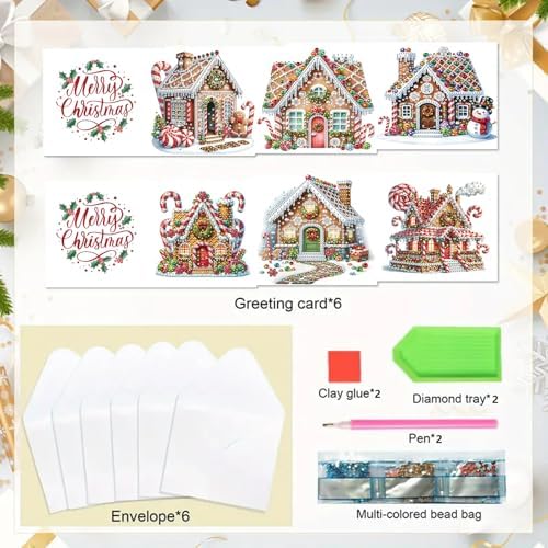 6Pcs Christmas Greeting Card DIY Diamond Art Painting Greeting Cards Special Shaped Diamond Blessing Folding Card Kit Arts Crafts for Birthday Festival-Gingerbread House - Image 6