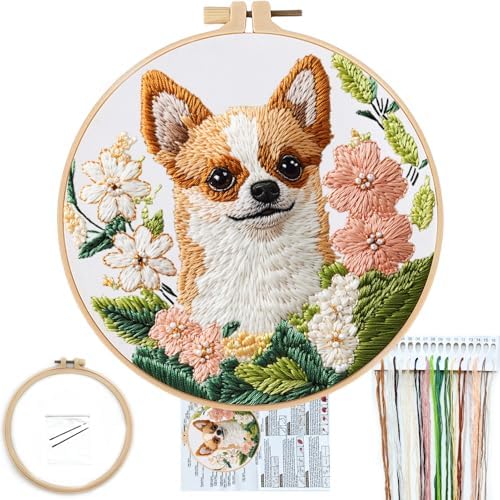 FONNUY Chihuahua Dog Floral Embroidery Kit, Cross Stitch Kits for Beginners, Handmade Crafts with Printed Patterns for Beginner Adults, Easy to Follow Color Thread Needlework, 8'' Hoop (Loyal Dog) by FONNUY