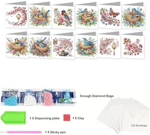 jinglinhh 12pcs Diamond Art Painting Bluebird Flowers Greeting Cards with Envelopes, DIY Card Making Kits for Adults, Diamond Art Christmas Cards for Birthday Holiday Postcards Craft Gifts - Image 3