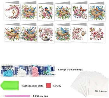 jinglinhh 12pcs Diamond Art Painting Bluebird Flowers Greeting Cards with Envelopes, DIY Card Making Kits for Adults, Diamond Art Christmas Cards for Birthday Holiday Postcards Craft Gifts - Image 3
