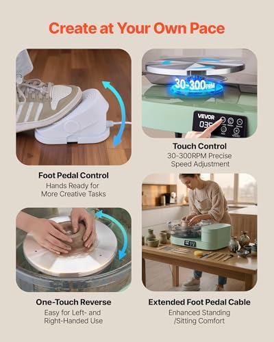 VEVOR Pottery Wheel for Adults, 14" and 11" Turntables, 450W Electric Table Top Pottery Wheel with Foot Pedal, 30-300 RPM Adjustable Speed, Aluminum Body, for Beginners, DIY Clay Art Craft, Green - Image 5