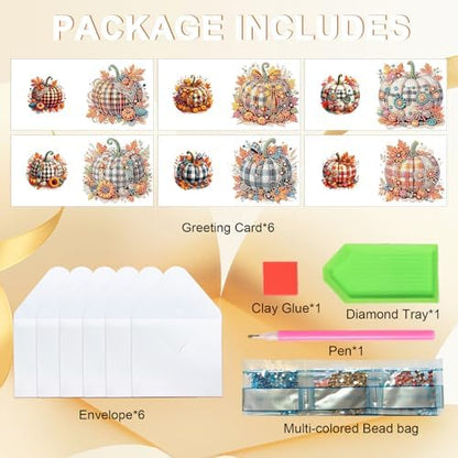 6-Pack Autumn Pumpkin Diamond Art Greeting Cards with Envelopes – DIY 5D Diamond Painting Kits for Adults, Creative Fall Thanksgiving Greeting Card Set, Rhinestone Craft Kits, Handmade Holiday Cards - Image 3
