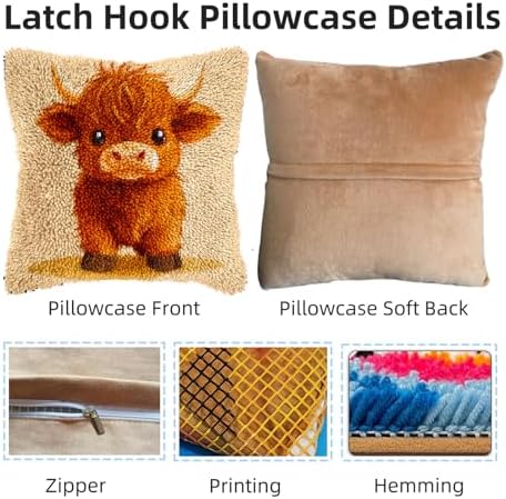 Latch Hook Pillow Kits for Adults Cute Baby Highland Cow DIY Pillow Cover Printed Pillowcase Crochet Hooking Yarns Handmade Cushion for Home Sofa Decoration 17x17inch(8) - Image 3