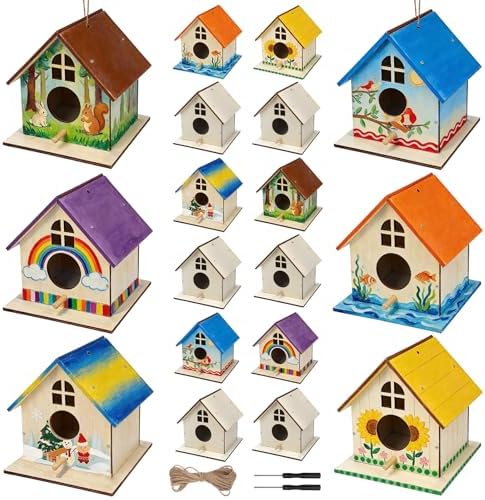 18 Pack Wooden DIY Birdhouse Kit for Kids Adults, Thickened Double-Layer Wood with Screwdrivers, Nails, Ropes, Easy Build & Paint Arts and Crafts Set for Backyard Garden Bird Watching by Entallor