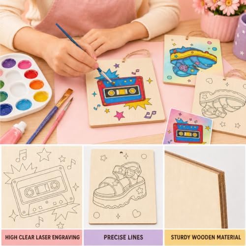 15 Pcs Unfinished Wood Crafts to Paint for Adults, 5.9x4.7 Inch Fashion Life Paintable Wood Slices Craft Supplies with Ropes, Bulk Predrilled Wooden Ornaments for DIY Painting Craft Decor - Image 4