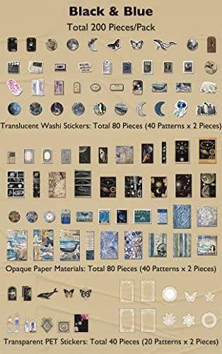 Knaid 200 Piece Vintage Ephemera Bundle - Paper & Sticker Kit for Junk Journaling, Scrapbooking, Planners, Bullet Journals, Collage, Decoupage - Black/Blue Tones - Image 2