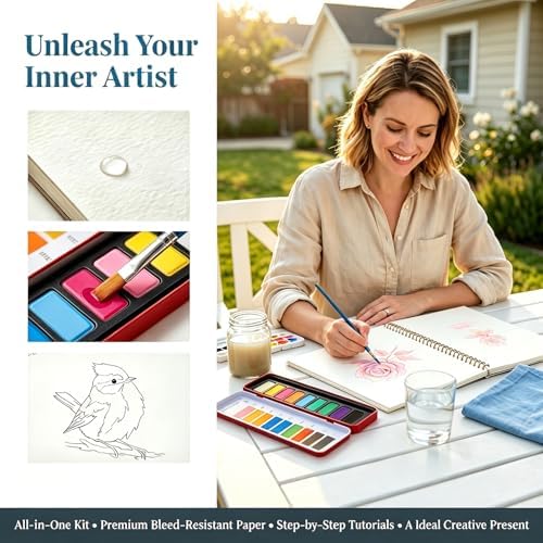 2Pcs Birds & Flowers Watercolour Set for Beginners, Complete Art Kit with 12 Paints, Brush & Sketch Pads, Pre-Sketched Book & Step-by-Step Guide for Adults & Teens - Image 4