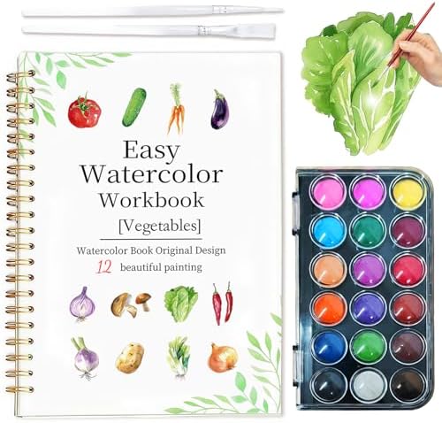 Easy Watercolor Workbook for Beginners - 12 Beautiful Step-by-Step Paintings Water Coloring Book, Includes 18 Colors Paints, Relaxing Art Projects and Creative Gift for Adults & Teen (Vegetables) by Yangmics+Direct