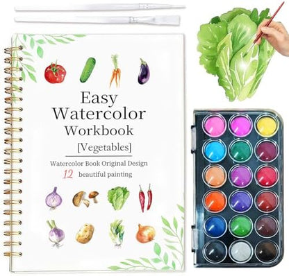 Easy Watercolor Workbook for Beginners - 12 Beautiful Step-by-Step Paintings Water Coloring Book, Includes 18 Colors Paints, Relaxing Art Projects and Creative Gift for Adults & Teen (Vegetables) by Yangmics+Direct