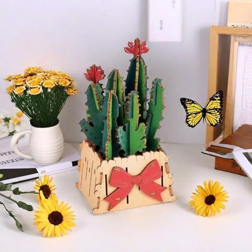 3D Wooden Flower Puzzle Kit for Adults | DIY Botanical Bouquet Building Set with Adjustable Vase | Home Decor & Stress Relief Gift-Cactus (50PCS) - Image 5