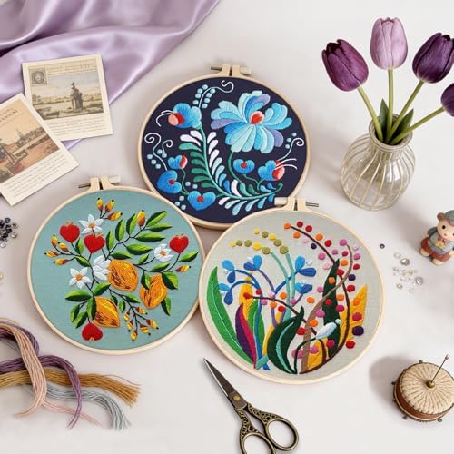 Uniartfy 3 Pack Embroidery Starter Kit for Beginners, Stamped Cross Stitch Kits for Adults with Flowers Plants and Fruits Patterns with 1 Embroidery Hoop and Color Threads, Handmade Needlepoint Kits - Image 5