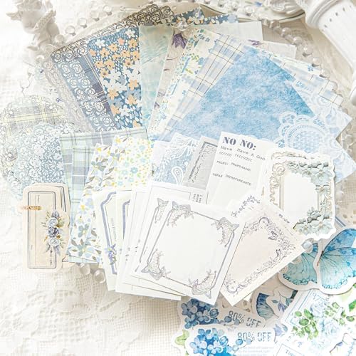 OKUPAN Vintage Floral Scrapbook Paper & Journaling Stickers (100pcs) Assorted Set (Blue) - Junk Journal Supplies for Bullet Journaling, Retro Crafts, Planner, Mixed Media, Collage Card Album - Image 2
