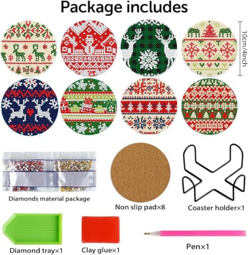 DOTZSO 8 Pcs Christmas Diamond Painting Coasters with Holder Diamond Art Coasters for Beginners Adults & Beginner Diamond Art Kits for Adults Craft Supplies - Image 2