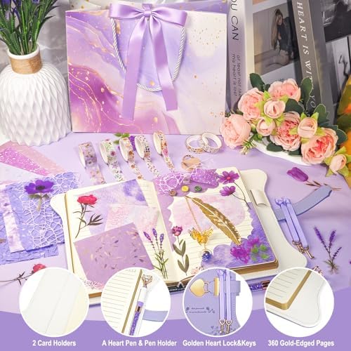 Diy Junk Journal Kit, Scrapbook Supplies Kit Includes B6 Diary with Lock and Key Flower Stickers Tape Roller, Stationary Diary Supplies Birthday Craft Gifts for Scrapbookers, Purple - Image 4