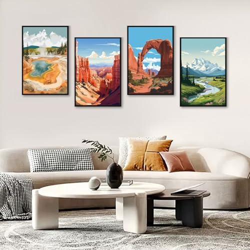 4 Pack Paint by Numbers Kit for Adults with Frame, National Parks Landscape DIY Painting Kit for Beginners, Mountain & Canyon Scenic Canvas Paint by Number Set for Nature Wall Decor, 8x12 Inch - Image 2