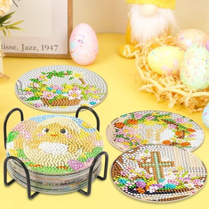 UPINS 8 Pieces Easter Diamond Art Coasters,Bunnies Diamond Art Coaster for Adults Diamond Kits Supplies for Spring Easter Gift - Image 3