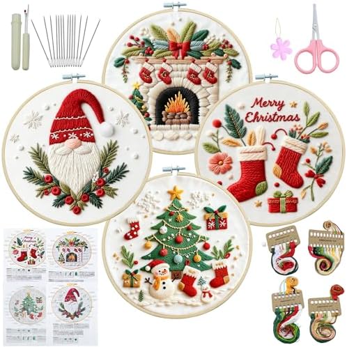 QCCTPUU 4 Sets Christmas Embroidery Kits, Beginner Embroidery Kit for Adults, Cross Stitch Kits for Beginners with Hand Embroidery Tools(Instructions, Needles, Threads by Unknown