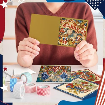 Saillong 12 Pack Vintage 4th of July Diamond Painting Greeting Card Kits Patriotic Diamond Art Cards with Envelopes Retro Red White Blue 5D Rhinestones Painting Making Kits for Adults DIY Craft Gifts - Image 3
