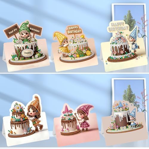 C'eitura 6Pcs 5D Diamond Art Painting Birthday Cards Kit, DIY Cute Girl Birthday Cake Special Shaped Gem Art Greeting Cards with Envelopes, Handmade Gift for Adults - Image 4